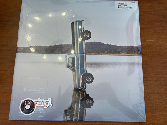 Vinyl record sleeve with a lake and dock scene on a wooden surface